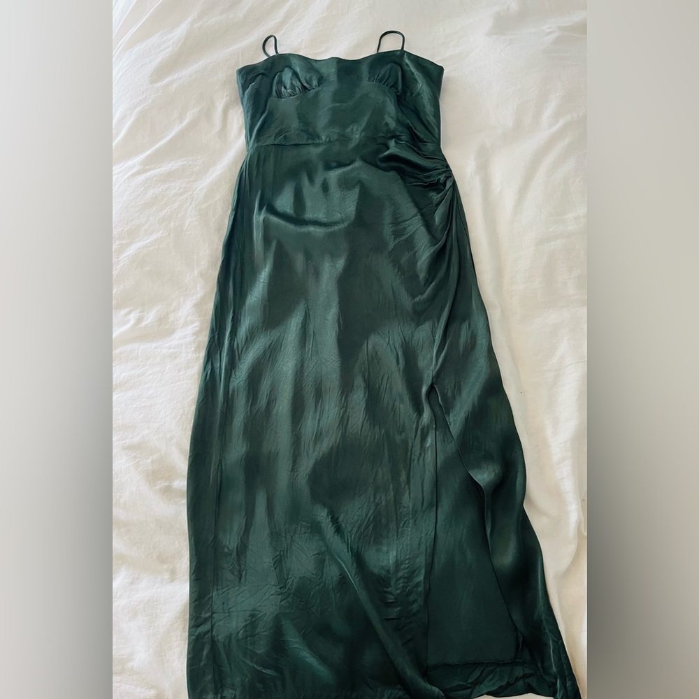Zara Olive Green Asymmetrical Satin Slip Dress - Picture 5 of 12